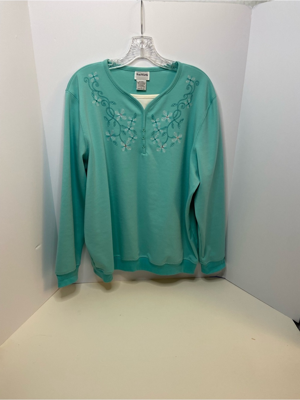 Bon Worth Teal Embroidered Scoop Neck Pullover
